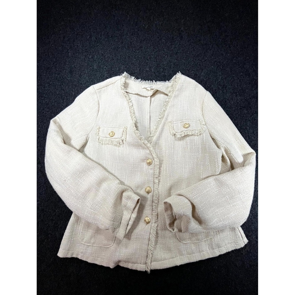 Mystree Tweed Jacket Womens Large Ivory Classic Fit Fringe Gold Button Front